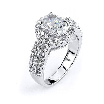 Dazzlers Sterling Silver and CZ Triple Shank Halo Engagement Ring, MPN: DCR-183