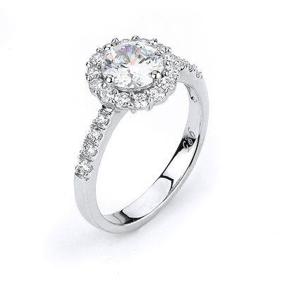 Dazzlers Sterling Silver Rhodium Plated and CZ center stone Halo Engagement Ring, MPN: DCR-126