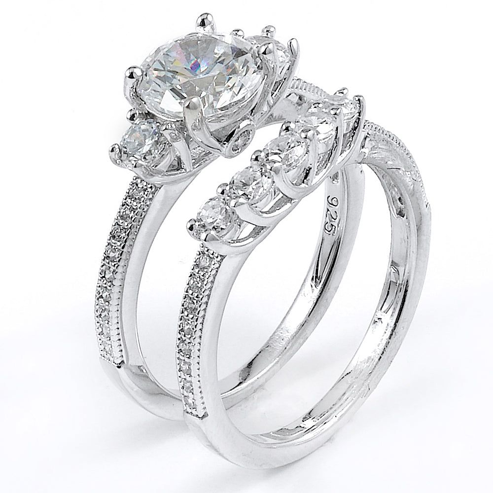 Dazzlers Sterling Silver Rhodium Plated and round CZ Three-Stone Wedding Set, MPN: DMR-202