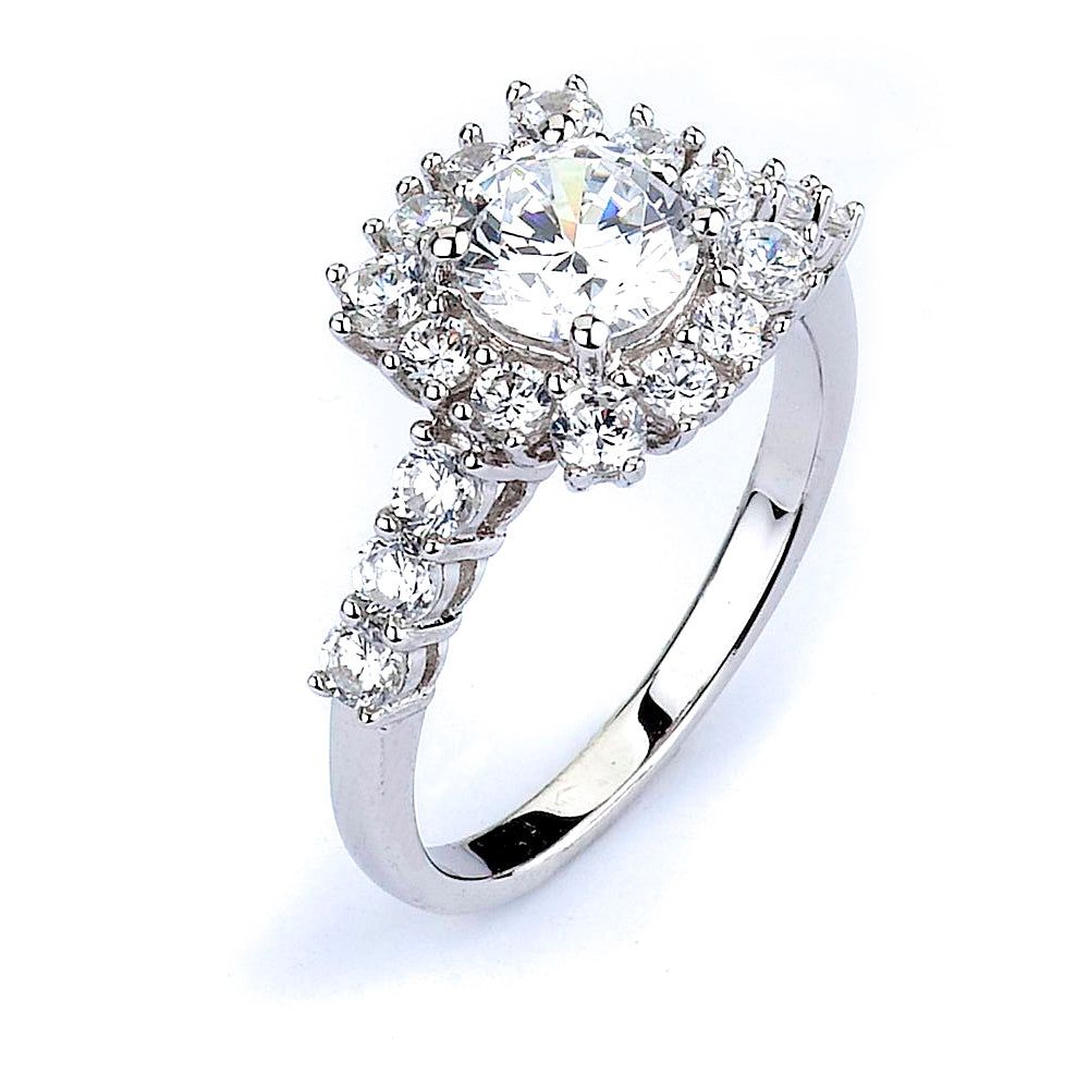 Dazzlers Sterling Silver Rhodium Plated and CZ center stone Halo Engagement Ring, MPN: DCR-125