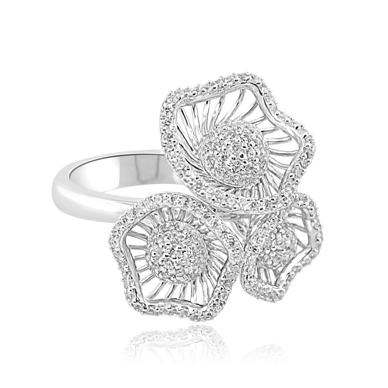 Dazzlers Sterling Silver Rhodium Plated and CZ Triple Flower Ring, MPN: DCR-471