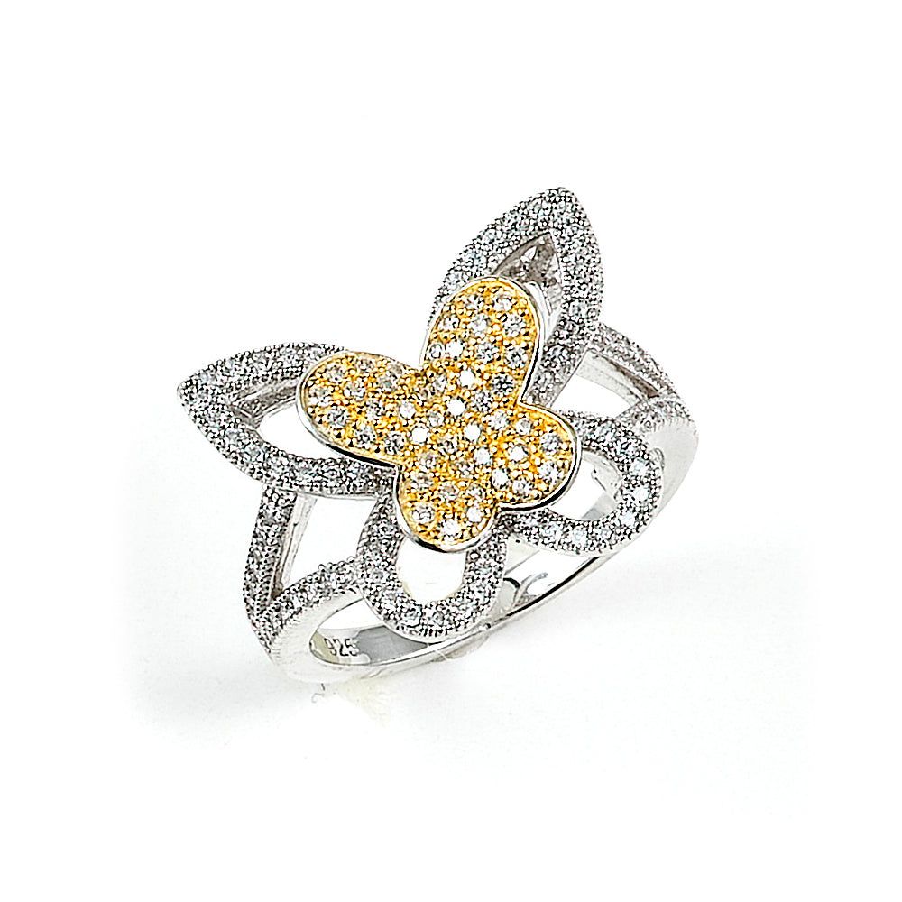 Dazzlers Sterling Silver Rhodium Plated with 14k Gold Plating and CZ Butterfly Ring, MPN: DMR-268