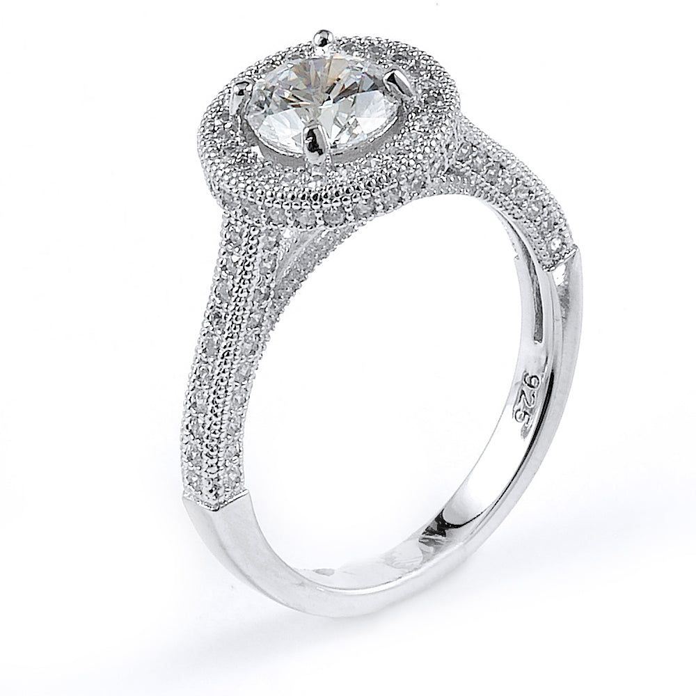 Dazzlers Sterling Silver Rhodium Plated and round CZ Halo Engagement Ring, MPN: DMR-210
