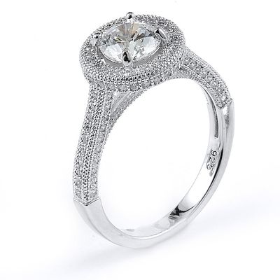Dazzlers Sterling Silver Rhodium Plated and round CZ Halo Engagement Ring, MPN: DMR-210