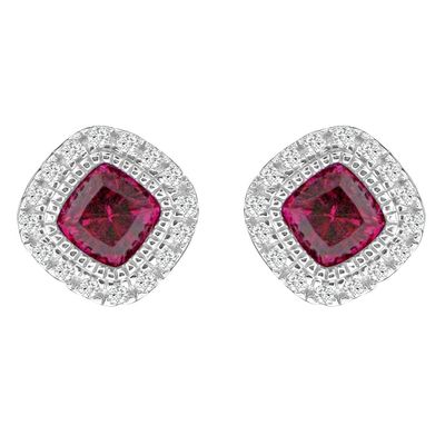 Dazzlers Sterling Silver Rhodium Plated with Cushion Simulated Ruby and CZ Halo Stud Earrings, MPN:…