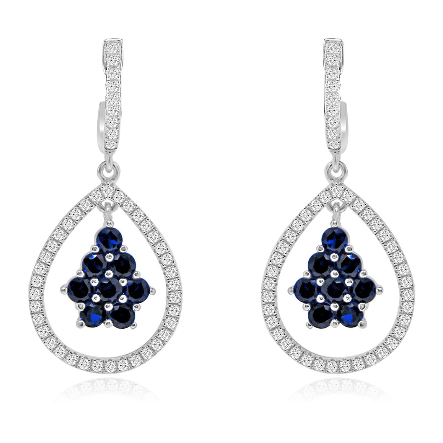 Dazzlers Sterling Silver Rhodium Plated with Simulated Sapphire and CZ Pear shape Dangle Earrings, …