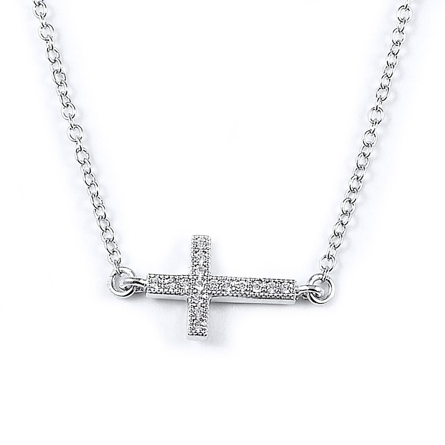 Dazzlers Sterling Silver Rhodium Plated and CZ Sideway Cross Necklace, MPN: DMN-252