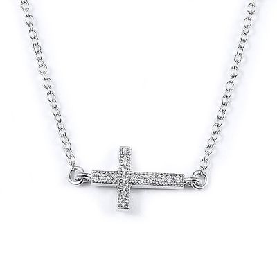 Dazzlers Sterling Silver Rhodium Plated and CZ Sideway Cross Necklace, MPN: DMN-252
