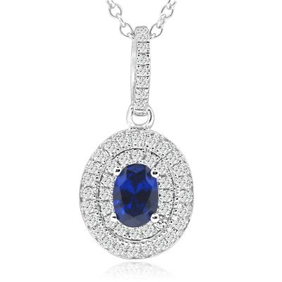 Dazzlers Sterling Silver Rhodium Plated with oval Simulated Sapphire and CZ Halo Necklace, MPN: DYN…
