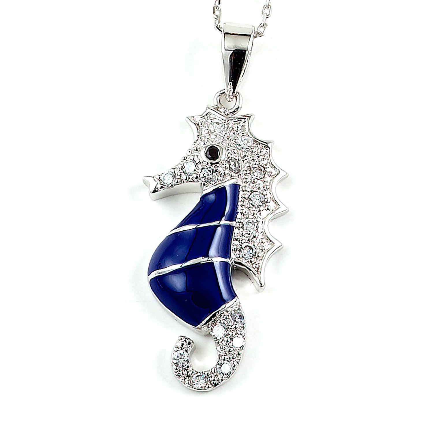 Dazzlers Sterling Silver Rhodium Plated and Blue Enameled Sea Horse Necklace, MPN: DBN909