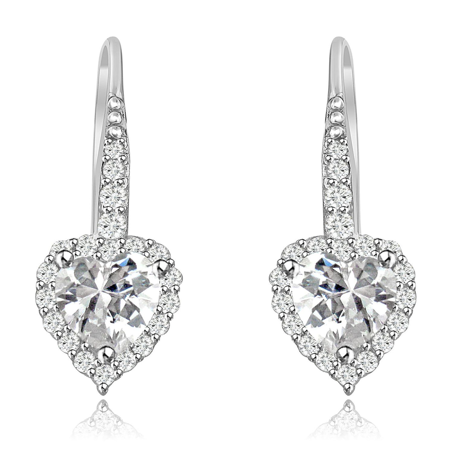 Dazzlers Sterling Silver Rhodium Plated and small Heart shape CZ Halo Drop Dangle Earrings, MPN: DZ…