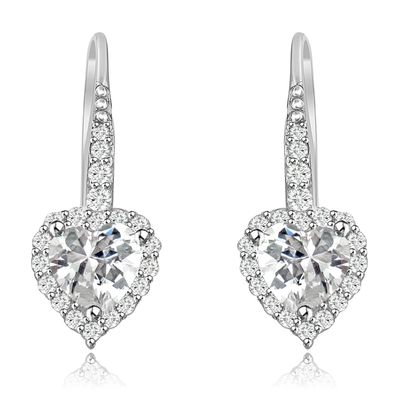Dazzlers Sterling Silver Rhodium Plated and small Heart shape CZ Halo Drop Dangle Earrings, MPN: DZ…
