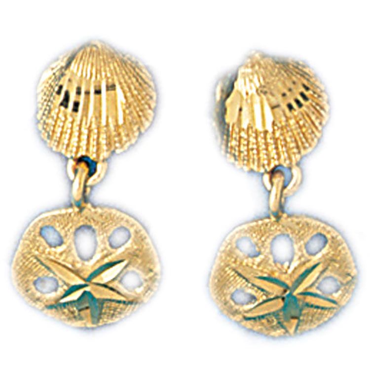 Dazzlers 14k Yellow Gold Shell and Sand Dollar Drop Earrings, MPN: DZ-13127
