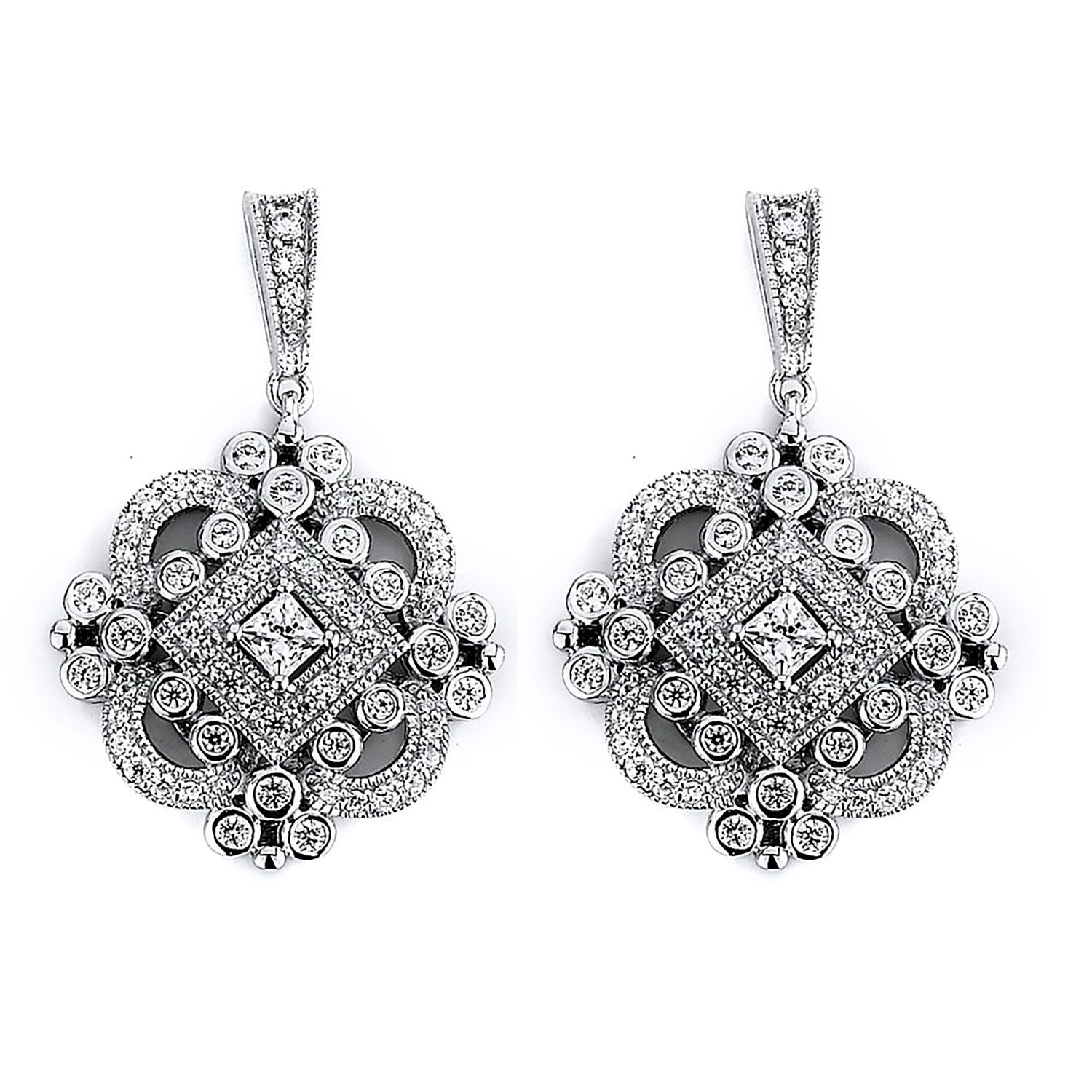 Dazzlers Sterling Silver Rhodium Plated and CZ Antique Dangle Earrings, MPN: DCE-143