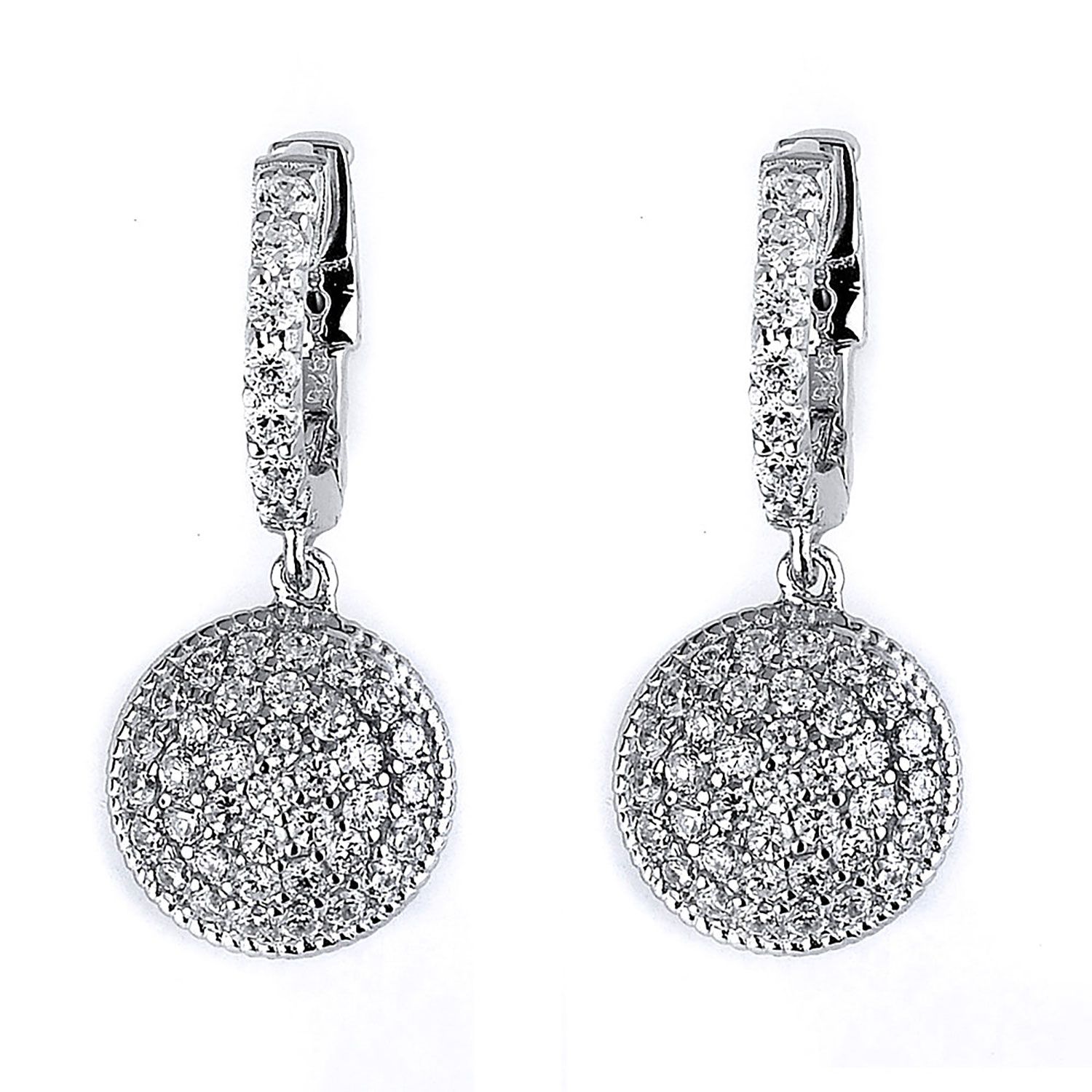 Dazzlers Sterling Silver Rhodium Plated and CZ Flat Round Disc Dangle Earrings, MPN: DCE-222