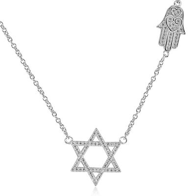 Dazzlers Sterling Silver Rhodium Plated with Star of David and Chamsah CZ Necklace, MPN: DGN-1017