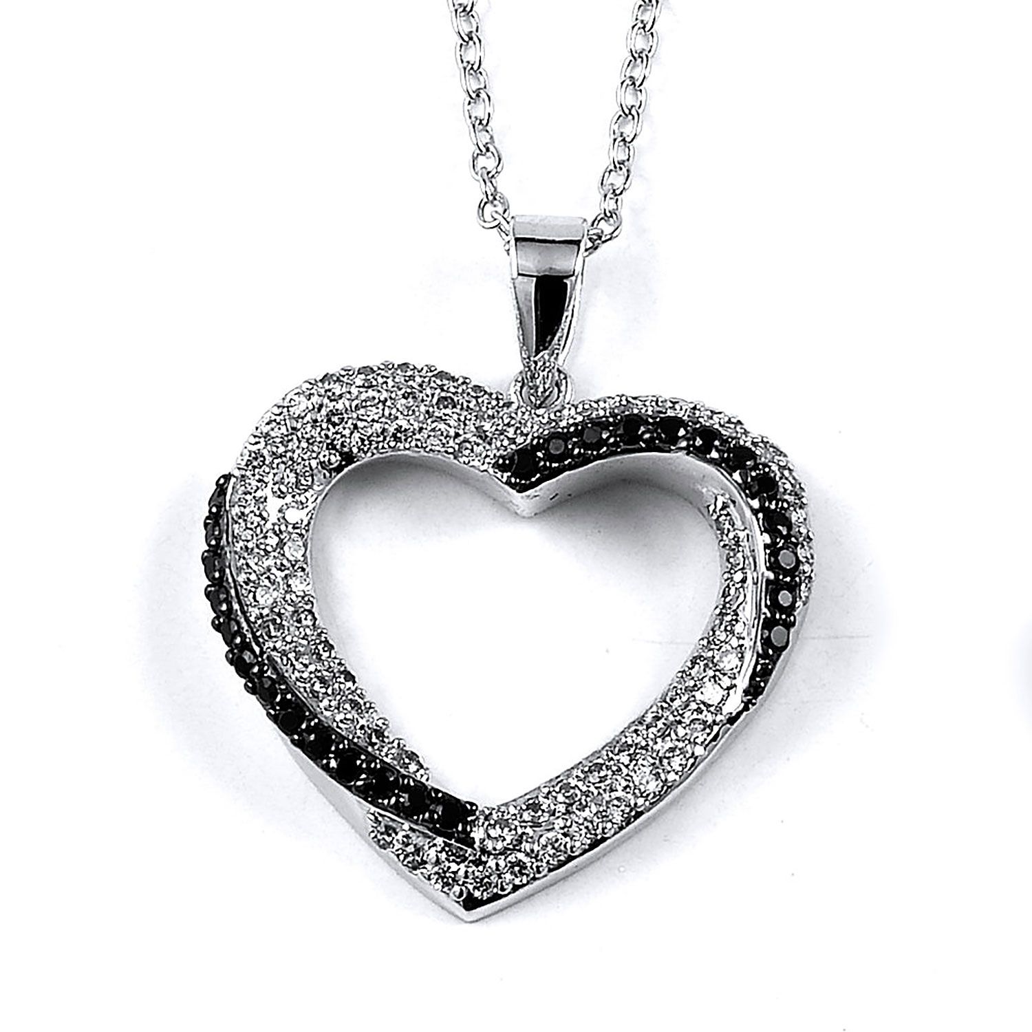 Dazzlers Sterling Silver Rhodium Plated with Black and White CZ Heart Necklace, MPN: DBN12077