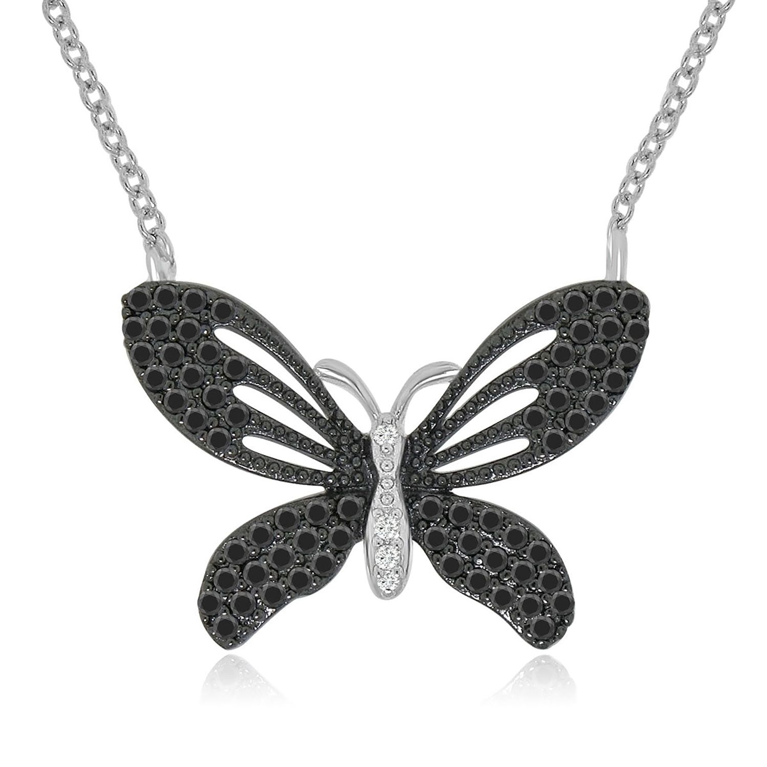Dazzlers Sterling Silver Rhodium Plated with Black and White Cz Butterfly Necklace, MPN: DBN2340B