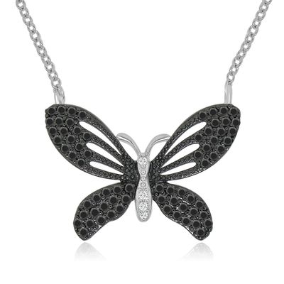 Dazzlers Sterling Silver Rhodium Plated with Black and White Cz Butterfly Necklace, MPN: DBN2340B