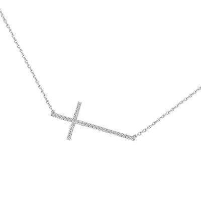 Dazzlers Sterling Silver Rhodium Plated and CZ dainty sideway cross necklace, MPN: DCN-632