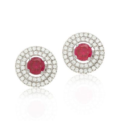 Dazzlers Sterling Silver Rhodium Plated and 5mm Simulated Ruby center stone with CZ Earrings, MPN: …
