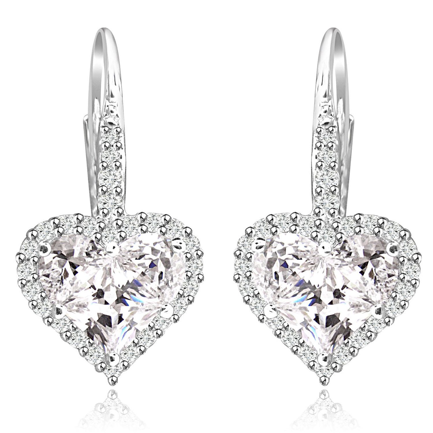 Dazzlers Sterling Silver Rhodium Plated and Heart shape CZ Halo Drop Dangle Earrings, MPN: DZE-27