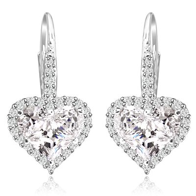 Dazzlers Sterling Silver Rhodium Plated and Heart shape CZ Halo Drop Dangle Earrings, MPN: DZE-27