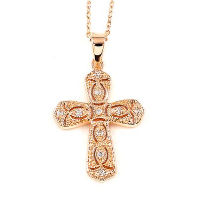 Dazzlers Sterling Silver Rhodium Plated and Pink CZ Cross Necklace, MPN: DBN2195