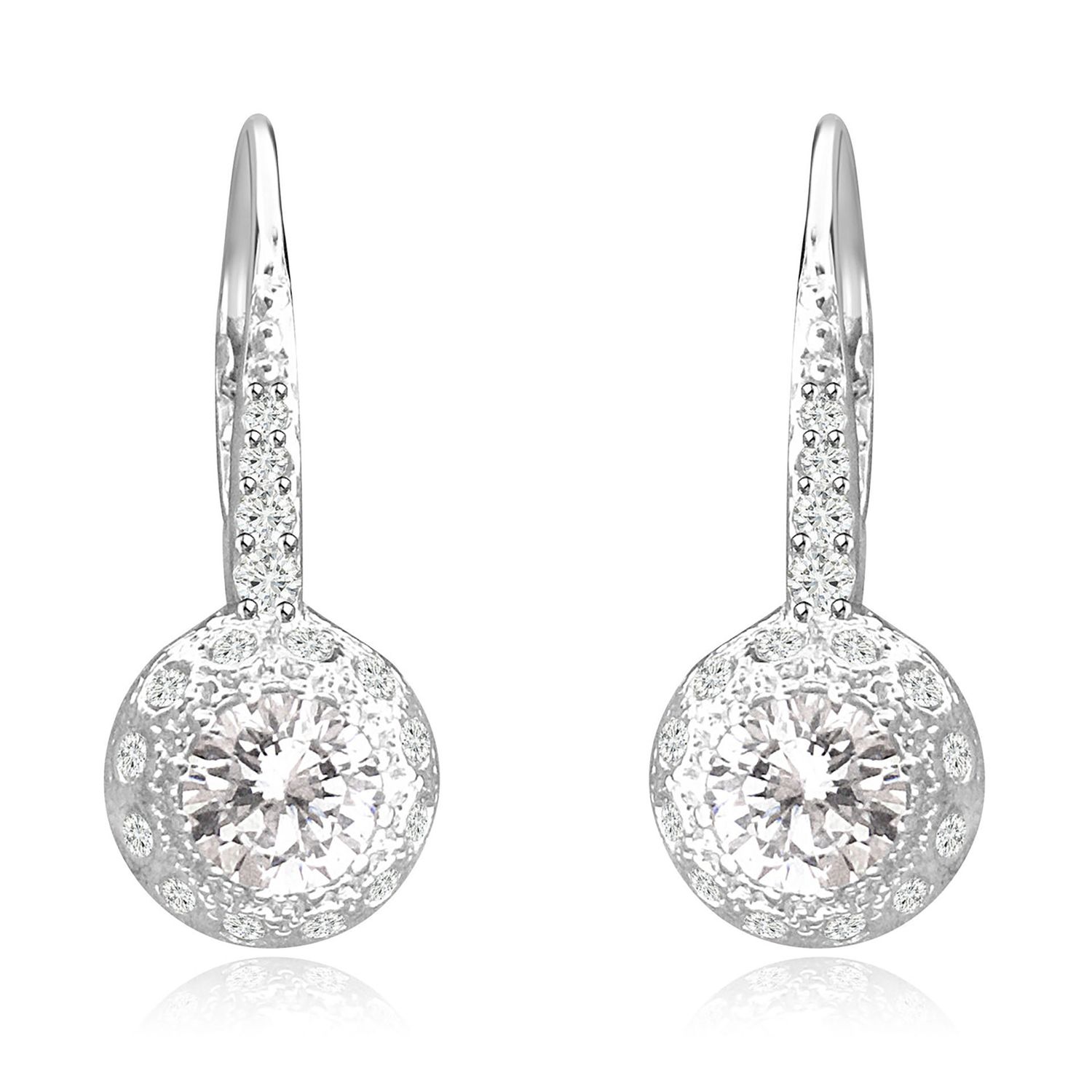 Dazzlers Sterling Silver Rhodium Plated and Round shape CZ Halo Drop Dangle Earrings, MPN: DZE-29