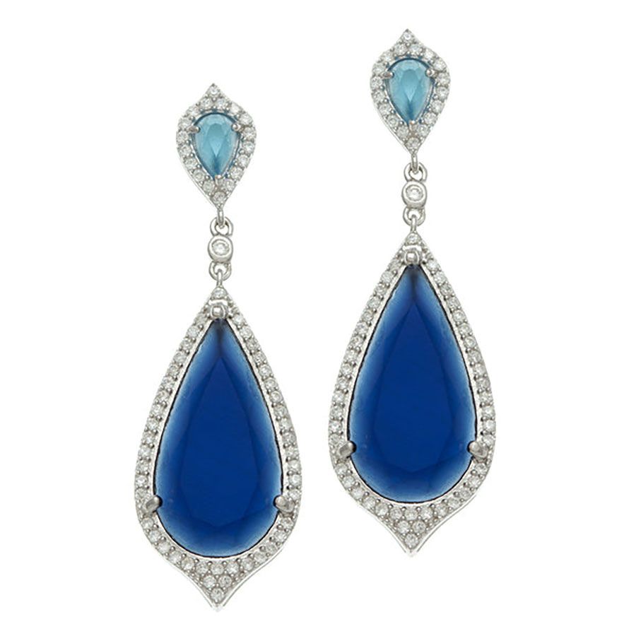 Dazzlers Sterling Silver Rhodium Plated and Simulated Sapphire/Blue Topaz stone with CZ Earrings, M…