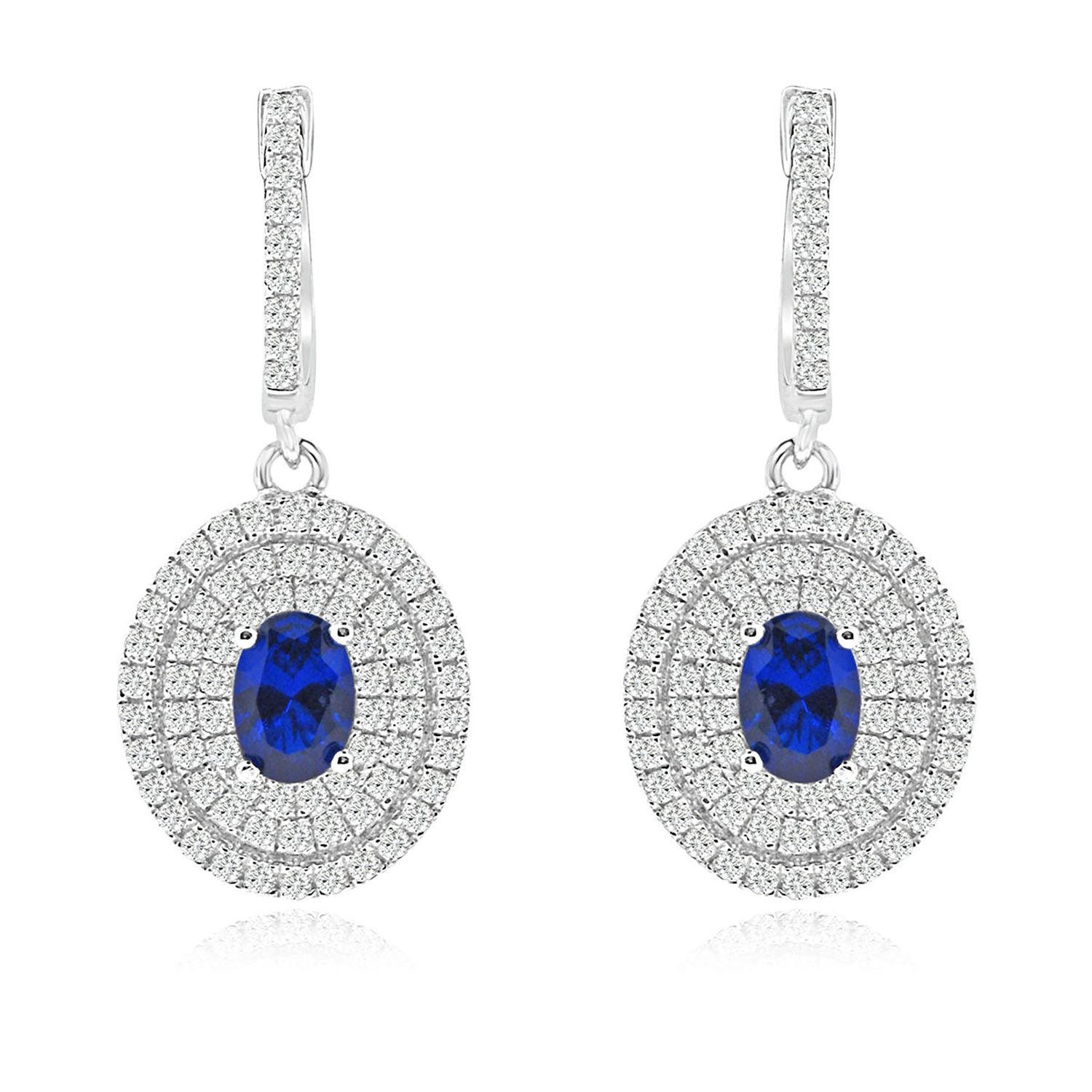Dazzlers Sterling Silver Rhodium Plated with oval shape Simulated Sapphire and CZ Dangle Halo Earri…