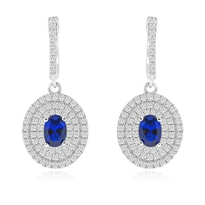 Dazzlers Sterling Silver Rhodium Plated with oval shape Simulated Sapphire and CZ Dangle Halo Earri…
