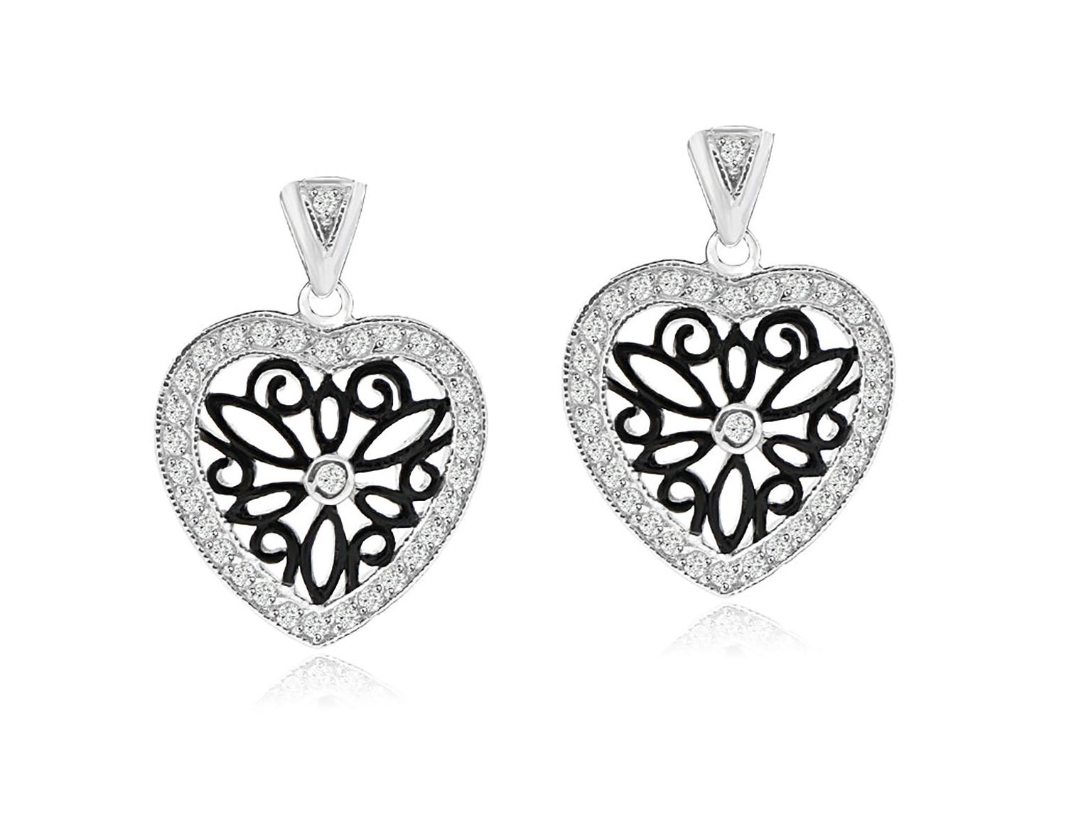 Dazzlers Sterling Silver Rhodium Plated with Black and White CZ Heart Dangle Earrings, MPN: DBE5482