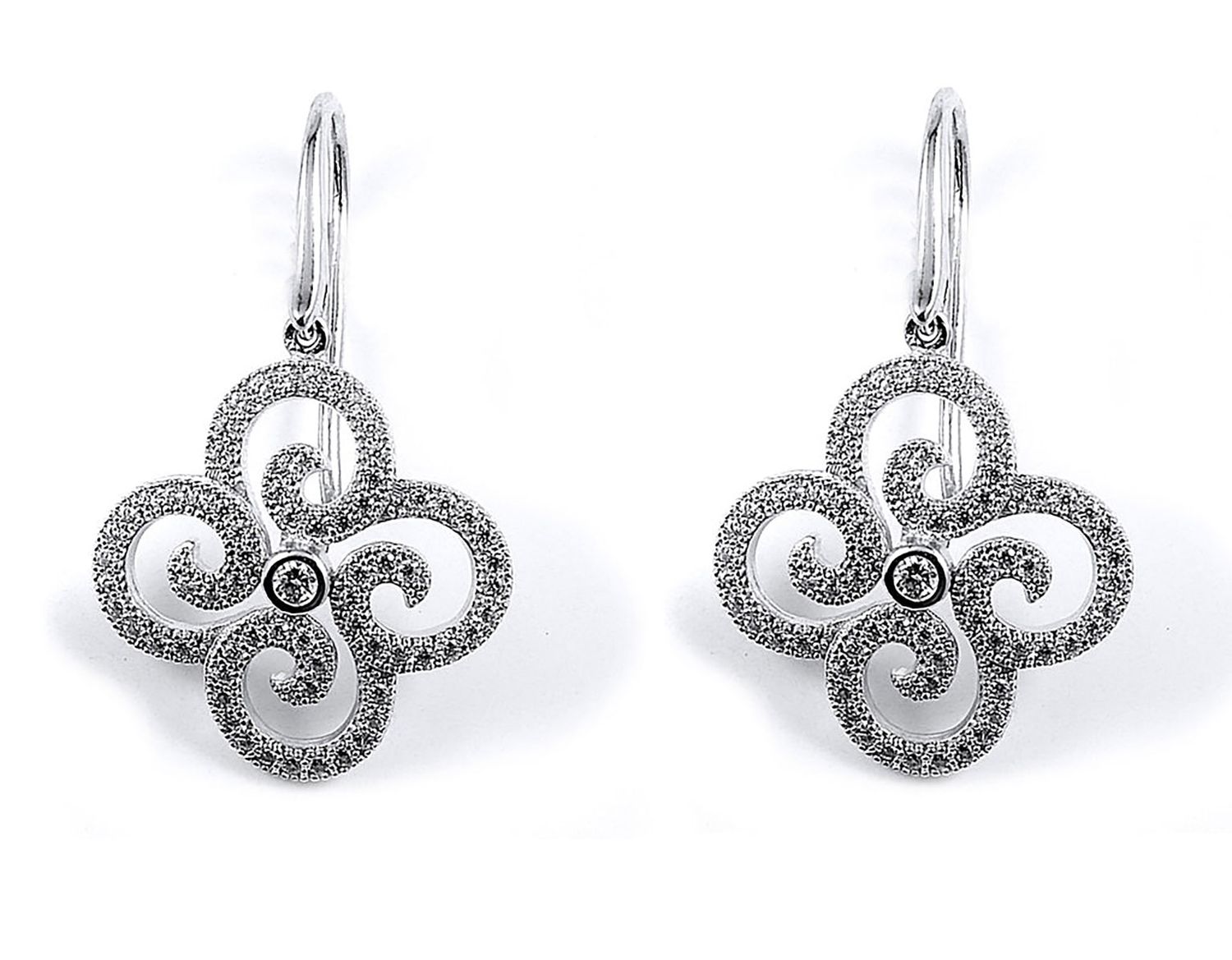 Dazzlers Sterling silver dangle flower earrings set with CZ and rhodium plating, MPN: DME-278