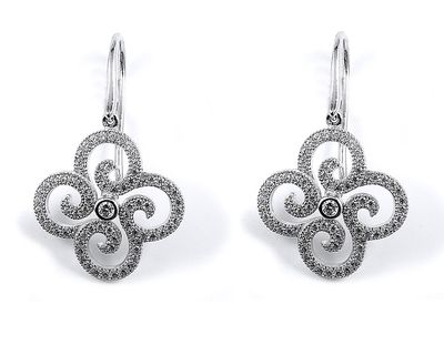 Dazzlers Sterling silver dangle flower earrings set with CZ and rhodium plating, MPN: DME-278