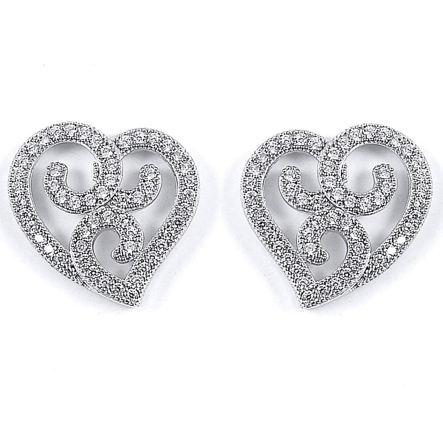Dazzlers Sterling Silver Rhodium Plated and CZ Heart Stud Earrings, MPN: DME-220