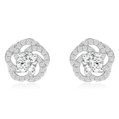 Dazzlers Sterling Silver Rhodium Plated and CZ Flower Screw Back Stud Earrings, MPN: DYE-757