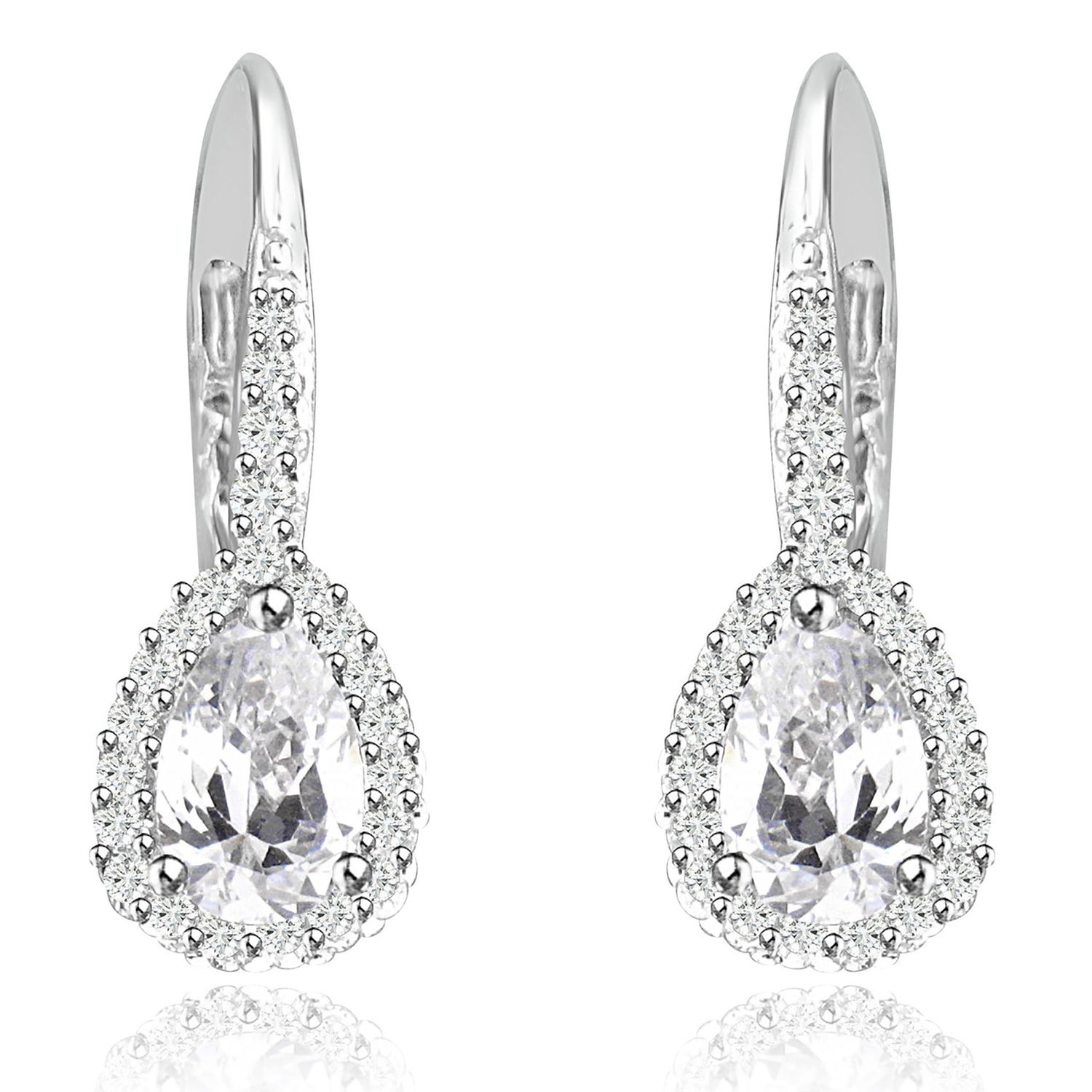 Dazzlers Sterling Silver Rhodium Plated and Pear shape CZ Halo Drop Dangle Earrings, MPN: DZE-26