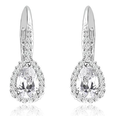 Dazzlers Sterling Silver Rhodium Plated and Pear shape CZ Halo Drop Dangle Earrings, MPN: DZE-26