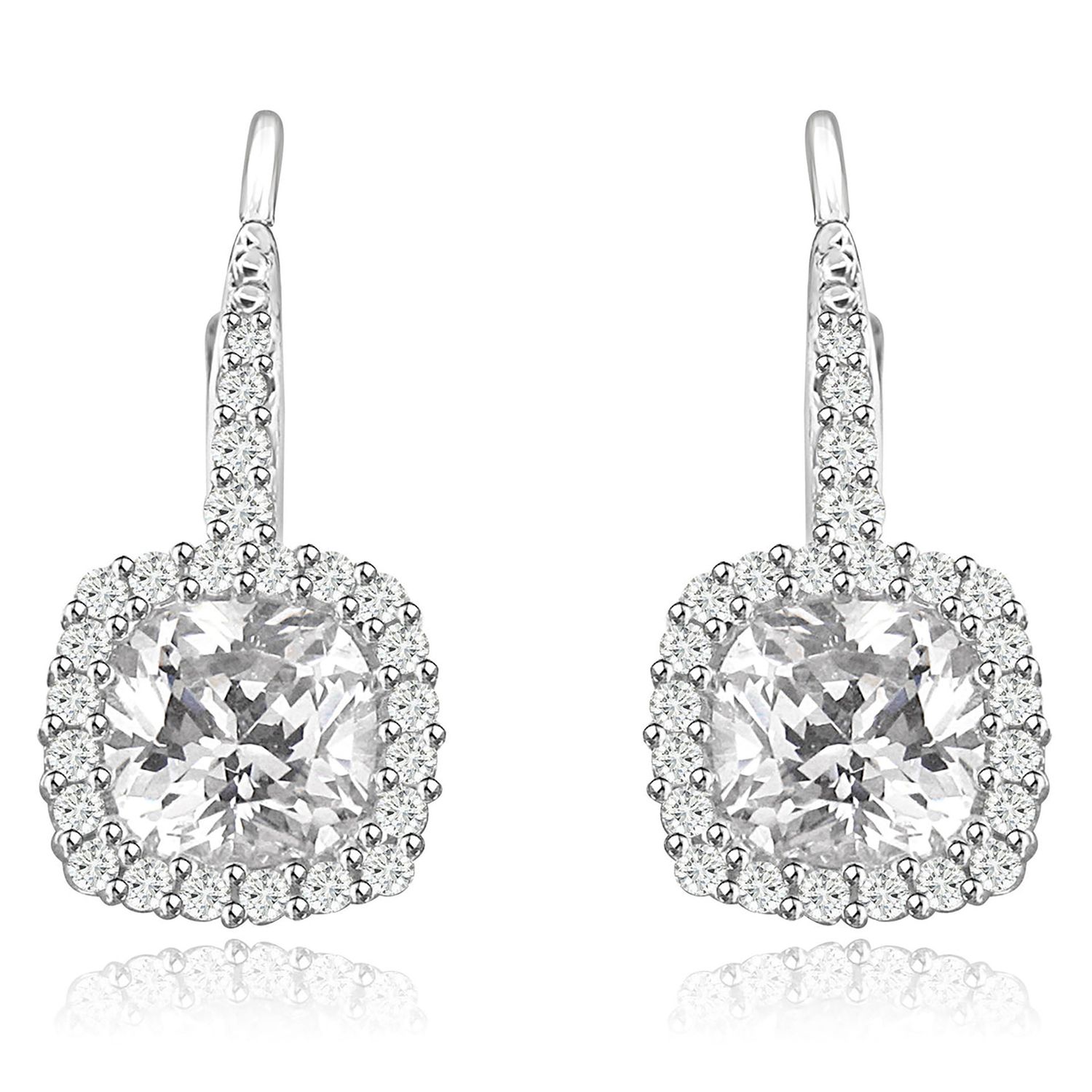 Dazzlers Sterling Silver Rhodium Plated and Cushion shape CZ Halo Drop Dangle Earrings, MPN: DZE-24