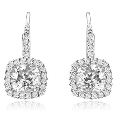 Dazzlers Sterling Silver Rhodium Plated and Cushion shape CZ Halo Drop Dangle Earrings, MPN: DZE-24