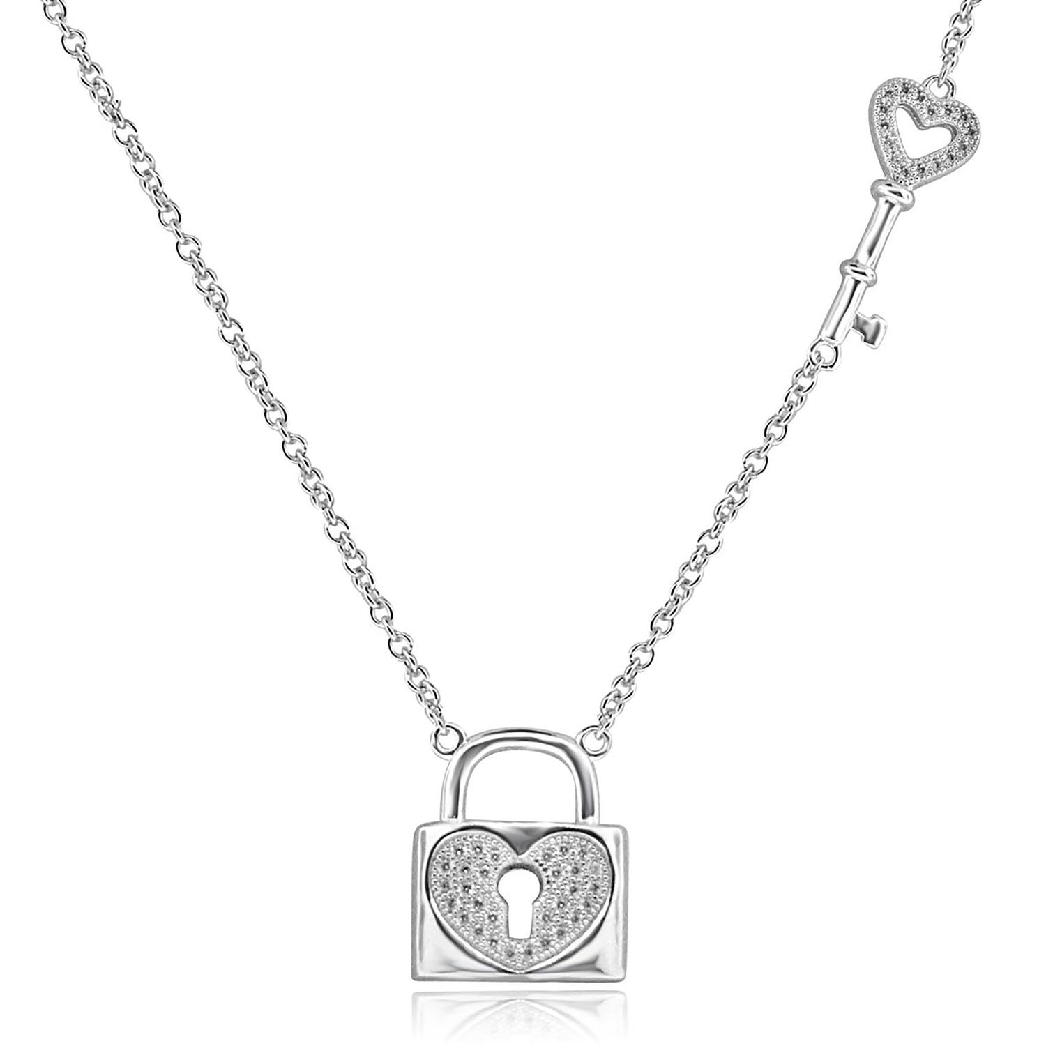 Dazzlers Sterling Silver Rhodium Plated Heart Lock and Key Necklace, MPN: DGN-1019