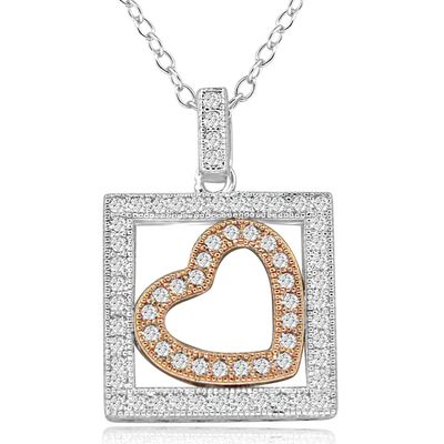 Dazzlers Sterling Silver Rhodium &amp; Rose Gold Plated Heart in a Box CZ Necklace, MPN: DGN-1014