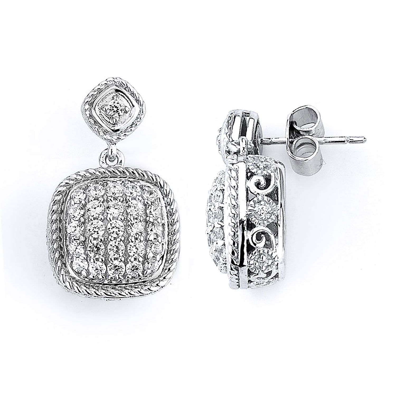 Dazzlers Sterling Silver Rhodium Plated and CZ Cushion Earrings, MPN: DCE-112