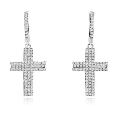 Dazzlers Sterling Silver Rhodium Plated and CZ Cross Earrings, MPN: DYE-755