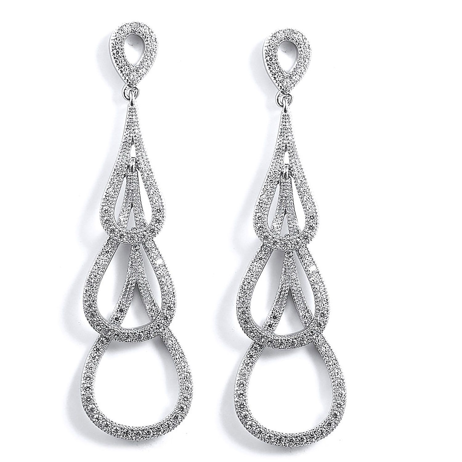 Dazzlers Sterling Silver Rhodium Plated and CZ Triple Teardrop Dangle Earrings, MPN: DCE-372