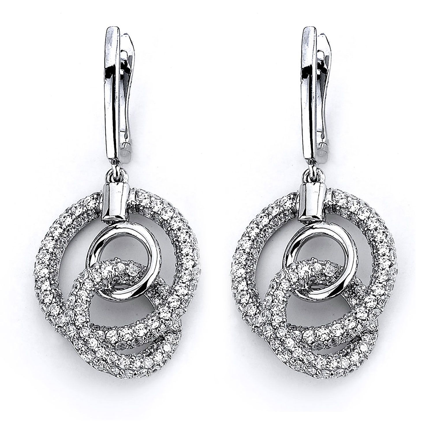 Dazzlers Sterling Silver Rhodium Plated and CZ Triple Intertwined Circle Dangle Earrings, MPN: DCE-…