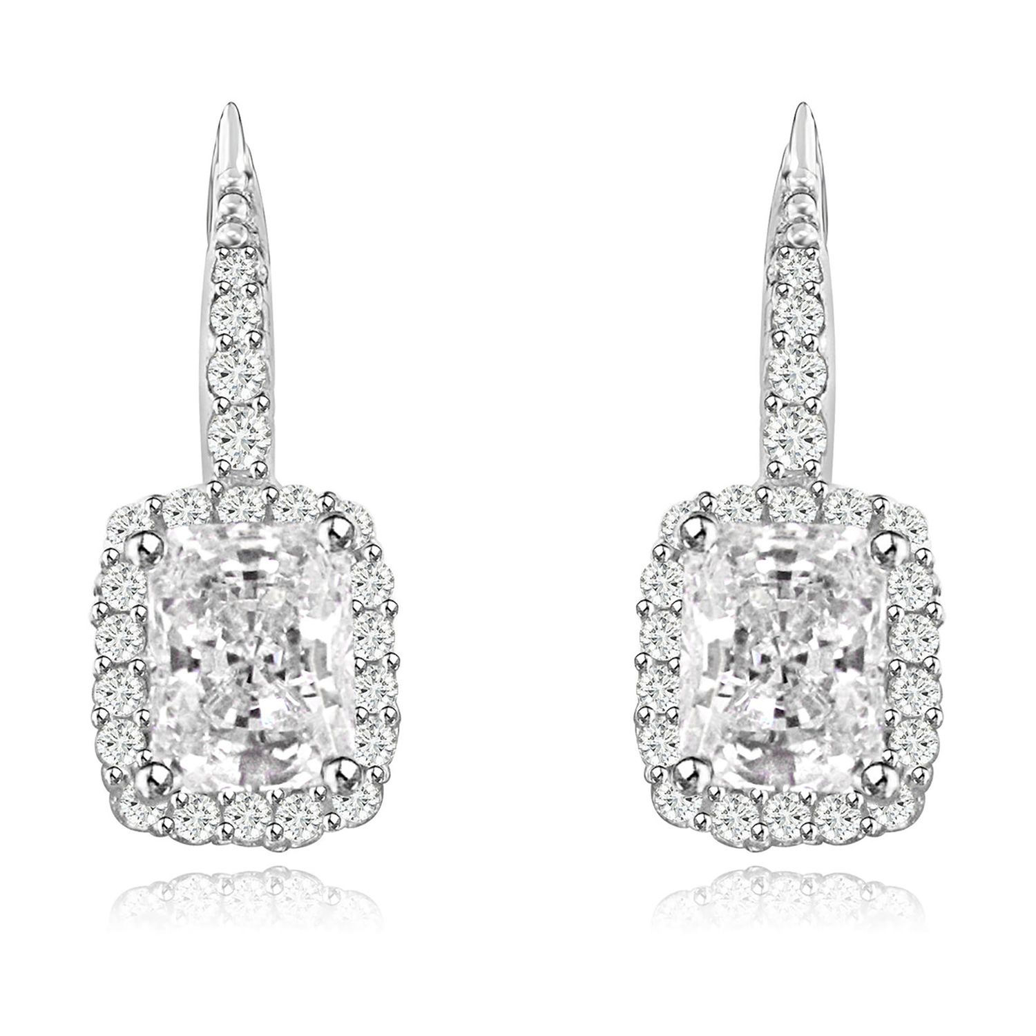 Dazzlers Sterling Silver Rhodium Plated and Emerald shape CZ Halo Drop Dangle Earrings, MPN: DZE-25
