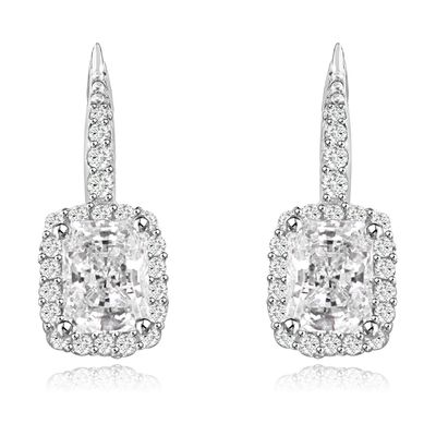 Dazzlers Sterling Silver Rhodium Plated and Emerald shape CZ Halo Drop Dangle Earrings, MPN: DZE-25