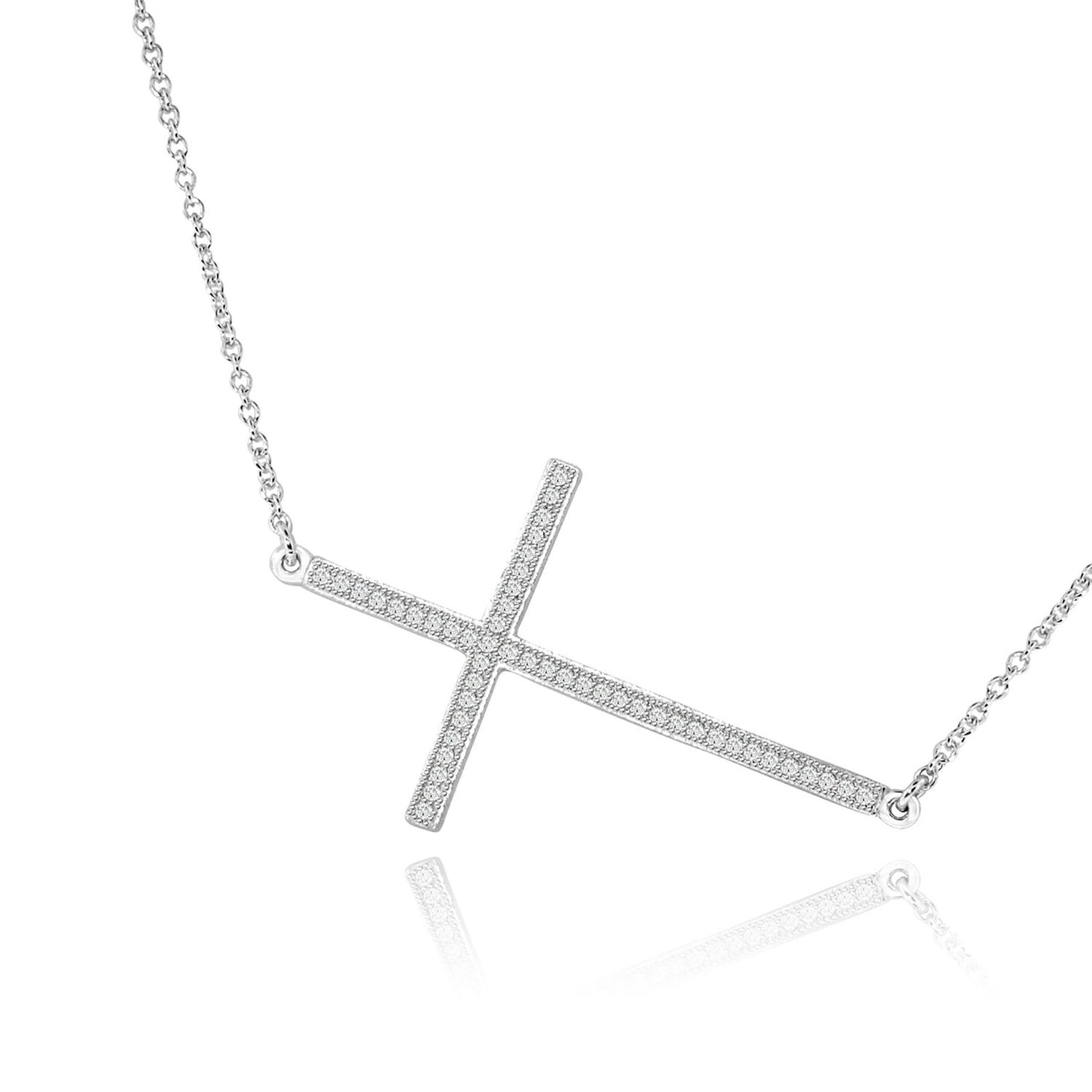 Dazzlers Sterling Silver Rhodium Plated and sideway CZ Cross Necklace, MPN: DMN-288